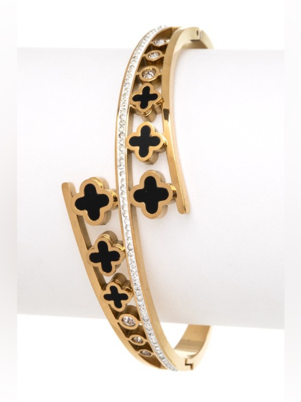 Gold Clover Stainless Steel Bangle Bracelet Black Enamel Luxury Inspired Cuff